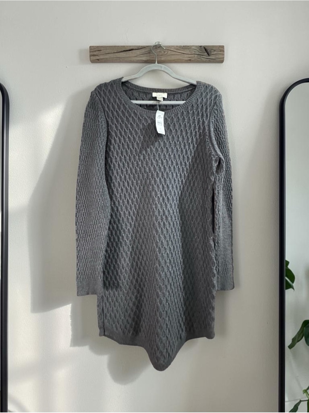 NWT LOFT Gray Chunky Textured Long-Sleeve Knit Tunic Sweater Sz L